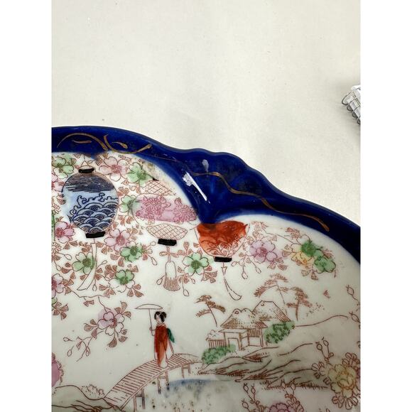 Japanese Antique China Cobalt Trim Geisha Floral Structure 1921-1941 - Picture 4 of 12